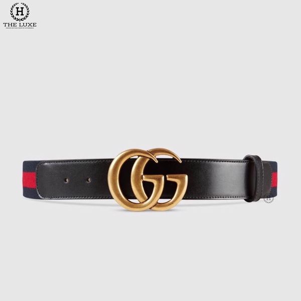 Belt Gucci Xanh Navy Đỏ Chữ Lồng Vàng