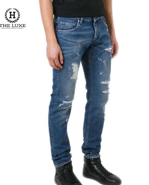 Jeans Dolce & Gabbana xanh nhạt rách đùi dáng Gold