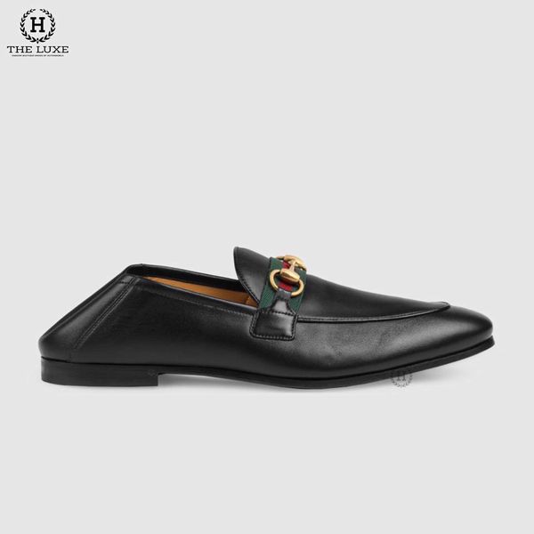 Loafer Gucci Da Đen Vạt Cờ Tag Xích Vàng