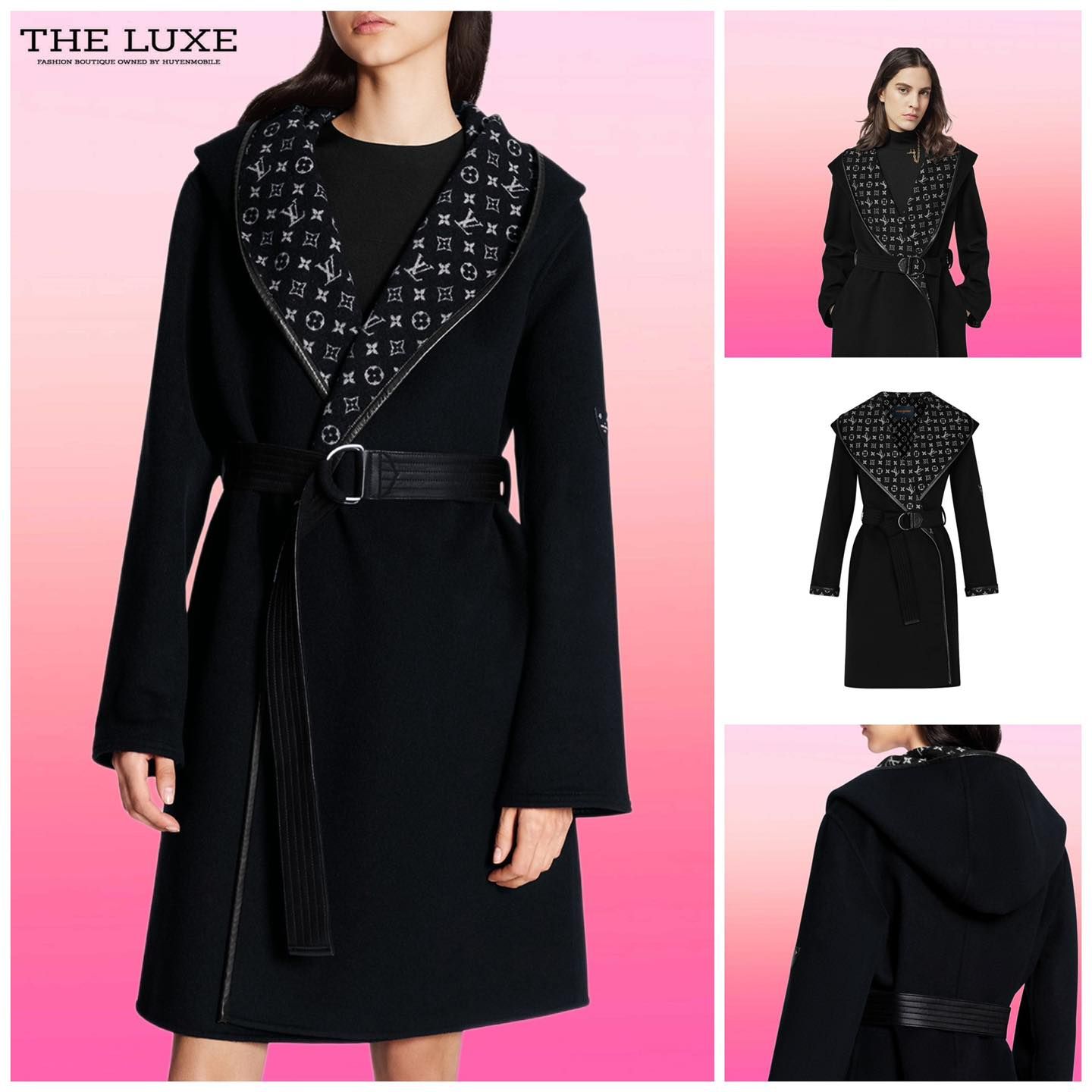 Áo khoác nữ Louis Vuitton măng tô đen vạt mono