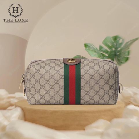  Wash bag Gucci vân mono nâu vàng tag cờ 