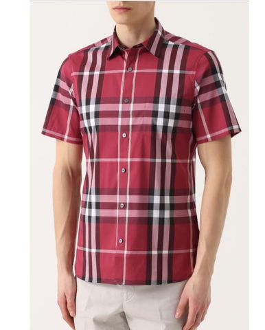  Short-sleeved Check Stretch Cotton Shirt Plum Pink 