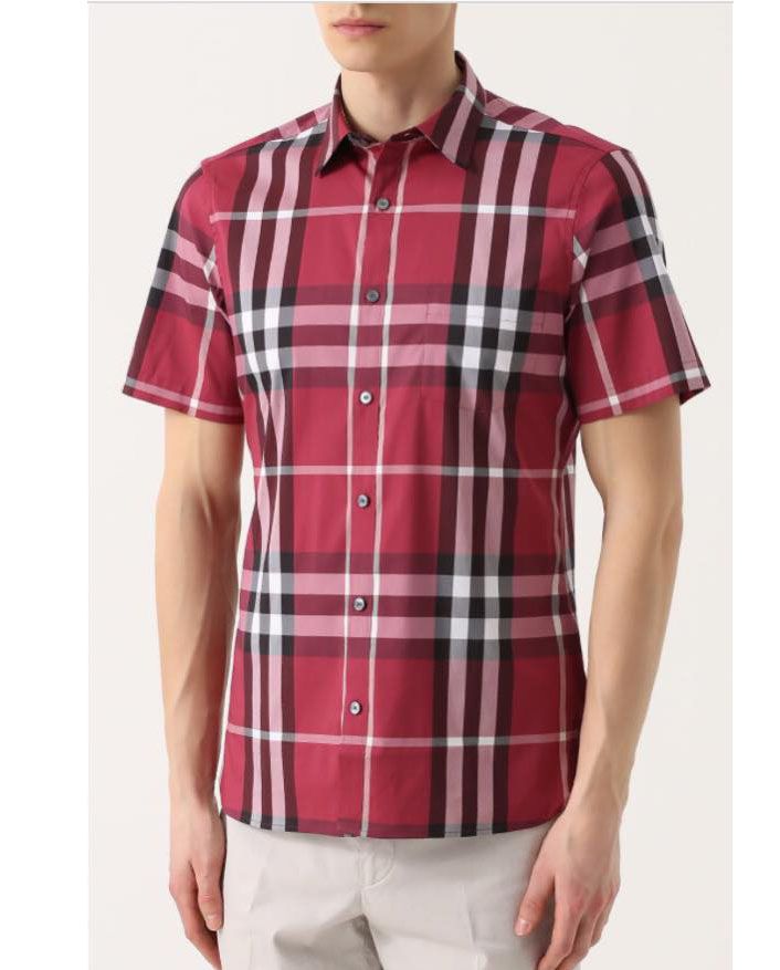 Short-sleeved Check Stretch Cotton Shirt Plum Pink