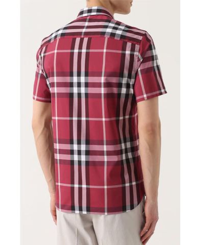  Short-sleeved Check Stretch Cotton Shirt Plum Pink 
