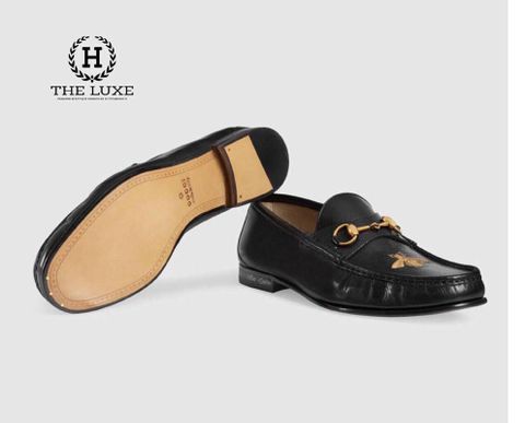  Loafer Gucci Đen Da Trơn Tag Xích Vàng Ong Vàng 