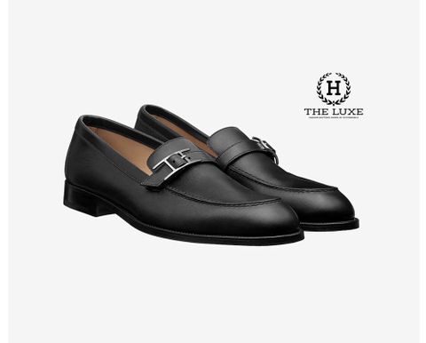  Loafer Hermes Đen Trơn Khóa Lệch 