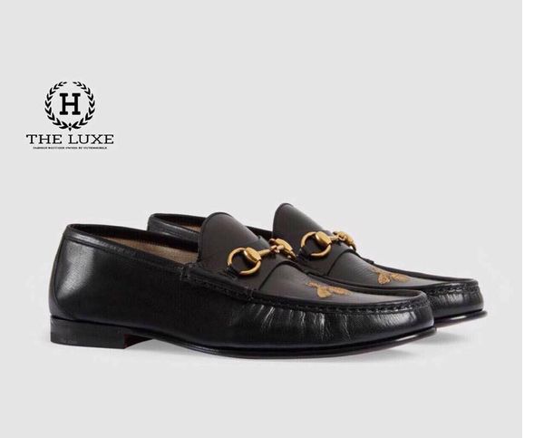 Loafer Gucci Đen Da Trơn Tag Xích Vàng Ong Vàng