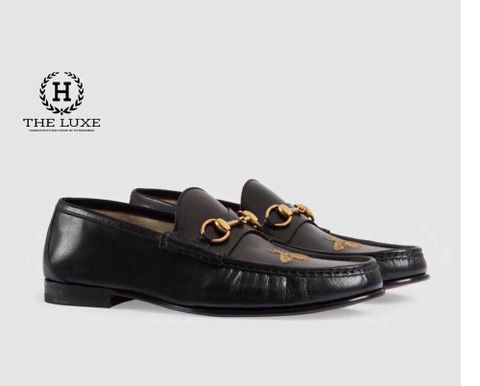  Loafer Gucci Đen Da Trơn Tag Xích Vàng Ong Vàng 