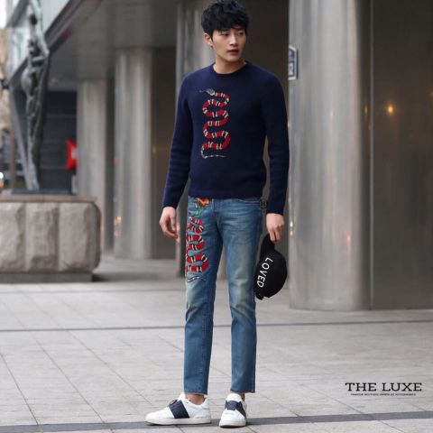  Jeans Gucci Xanh Họa Tiết Rắn Hoa Thêu Limited 