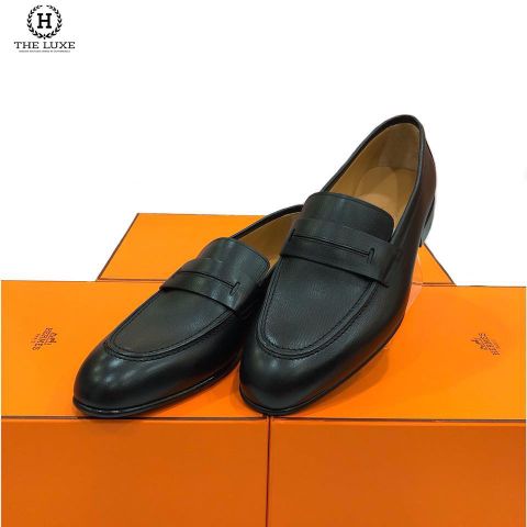  Loafer Hermes Đen Trơn Tag Da 