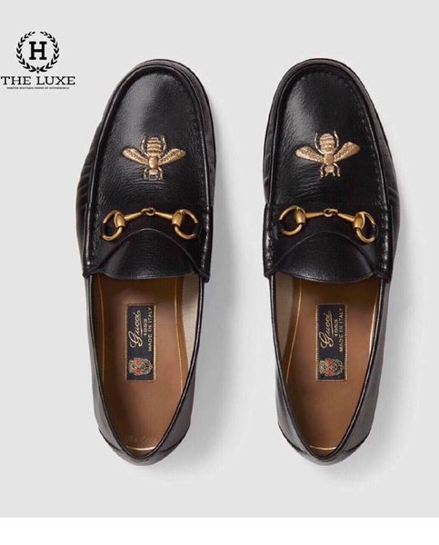 Loafer Gucci Đen Da Trơn Tag Xích Vàng Ong Vàng