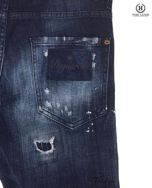 Jeans DSQ2 dáng cool quy màu xanh vảy sơn rách nhẹ tag da túi sau