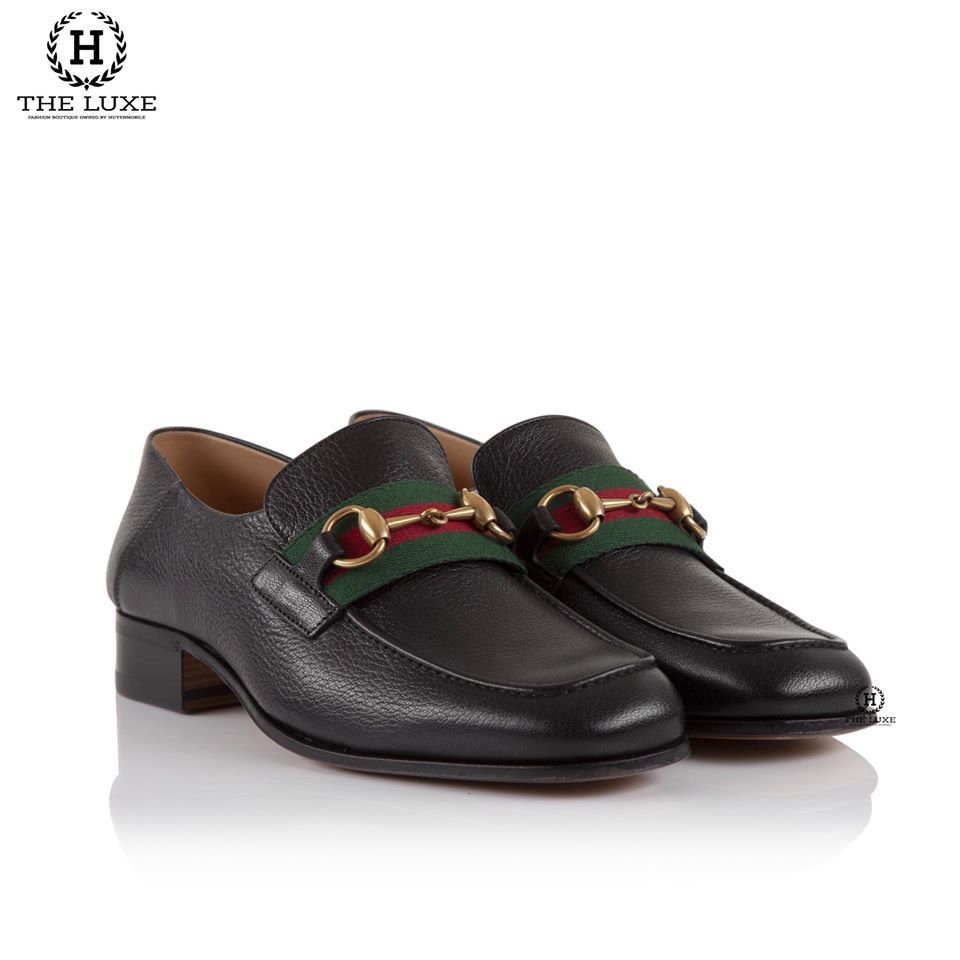 Loafer Gucci Đen Sần Mũi Vuông Tag Xích Vàng