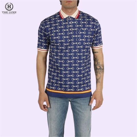  Polo Gucci xanh navy họa tiết xích trắng 