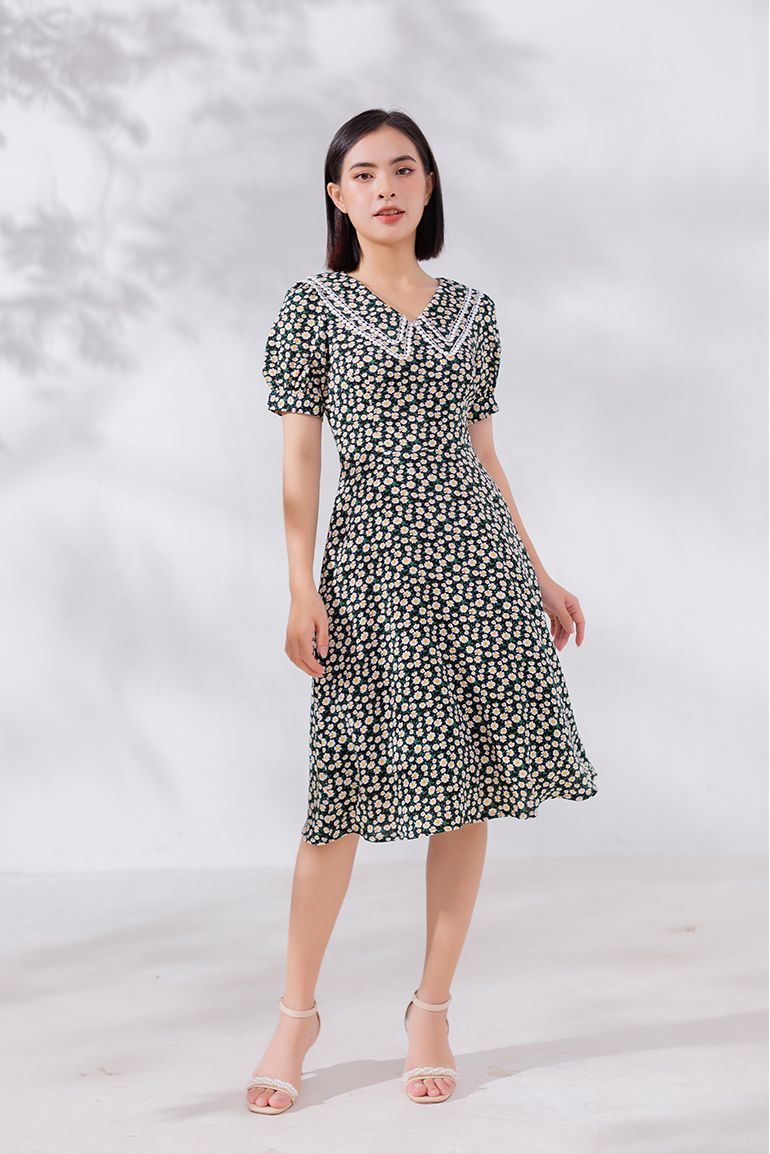 ĐẦM HOA CỔ CÁCH ĐIỆU 3349