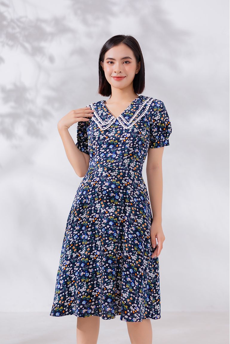 ĐẦM HOA CỔ CÁCH ĐIỆU 3349