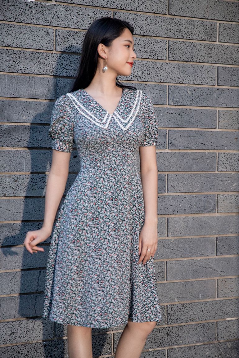 ĐẦM HOA CỔ CÁCH ĐIỆU 3349
