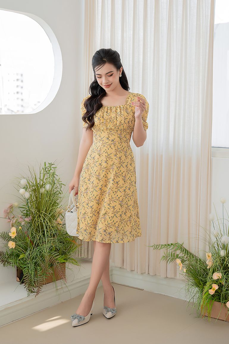 ĐẦM HOA CỔ VUÔNG 3342