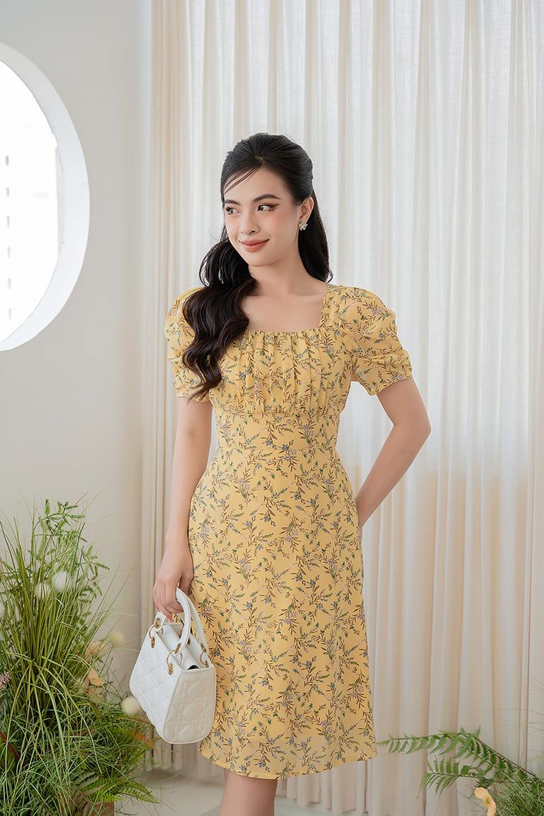 ĐẦM HOA CỔ VUÔNG 3342