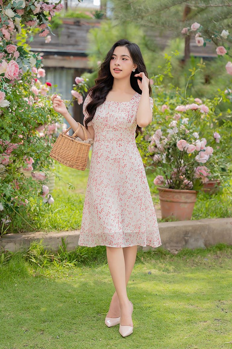ĐẦM HOA CỔ VUÔNG 3342