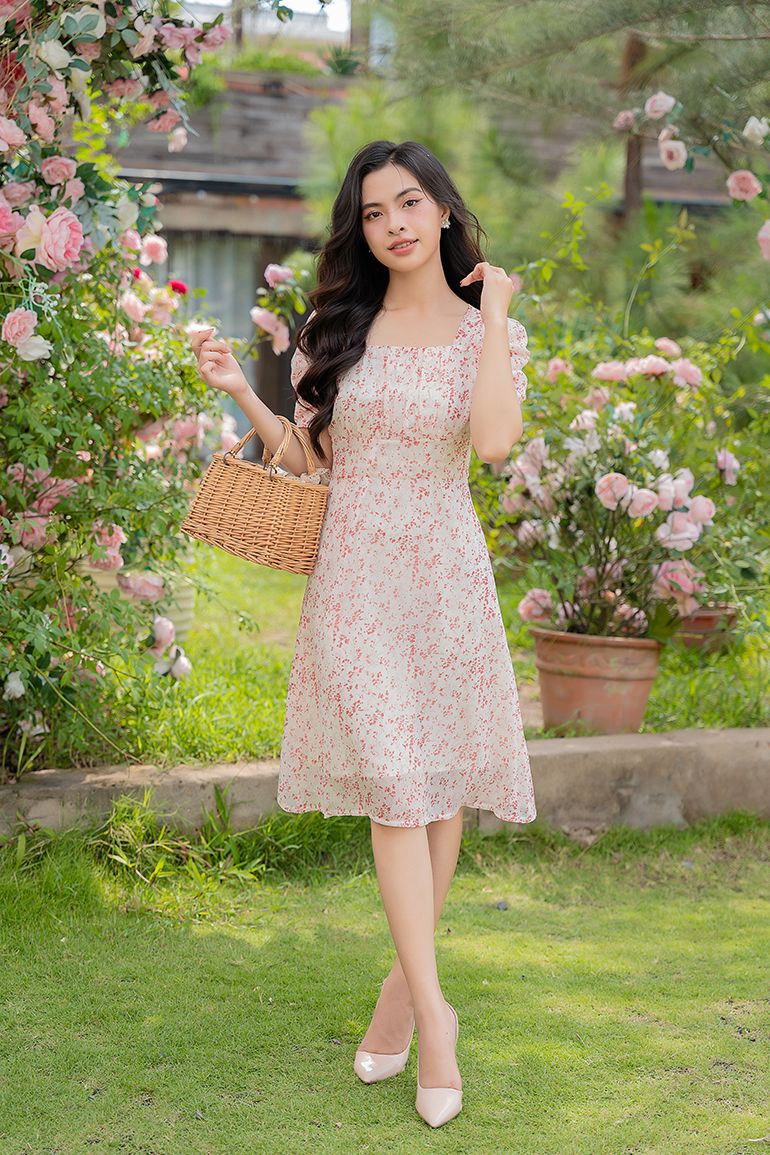 ĐẦM HOA CỔ VUÔNG 3342