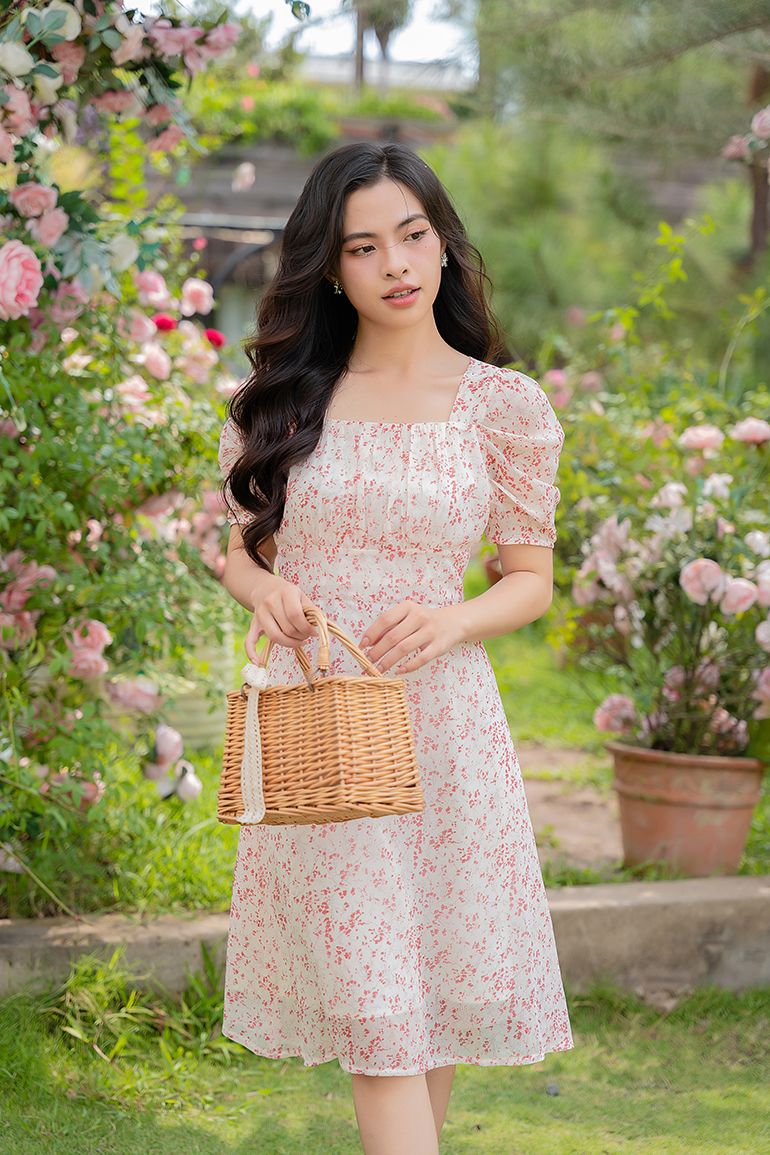 ĐẦM HOA CỔ VUÔNG 3342
