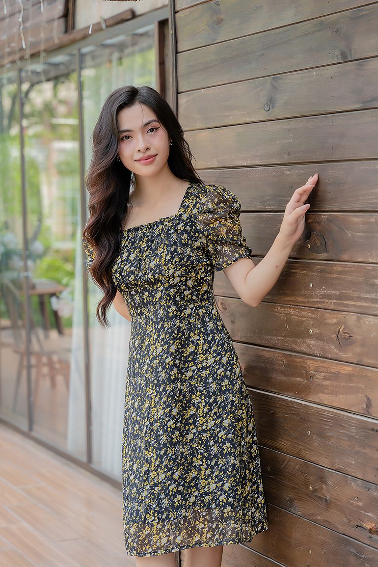 ĐẦM HOA CỔ VUÔNG 3342