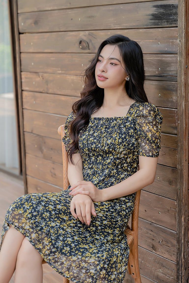 ĐẦM HOA CỔ VUÔNG 3342