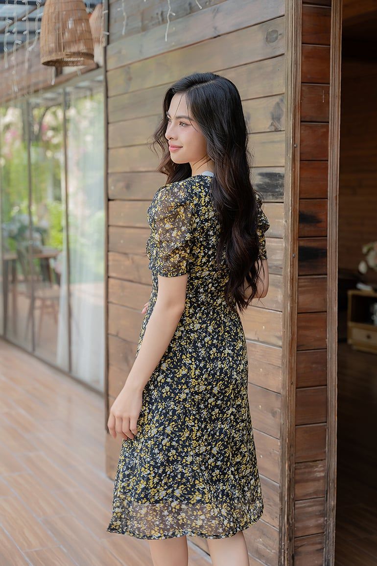 ĐẦM HOA CỔ VUÔNG 3342