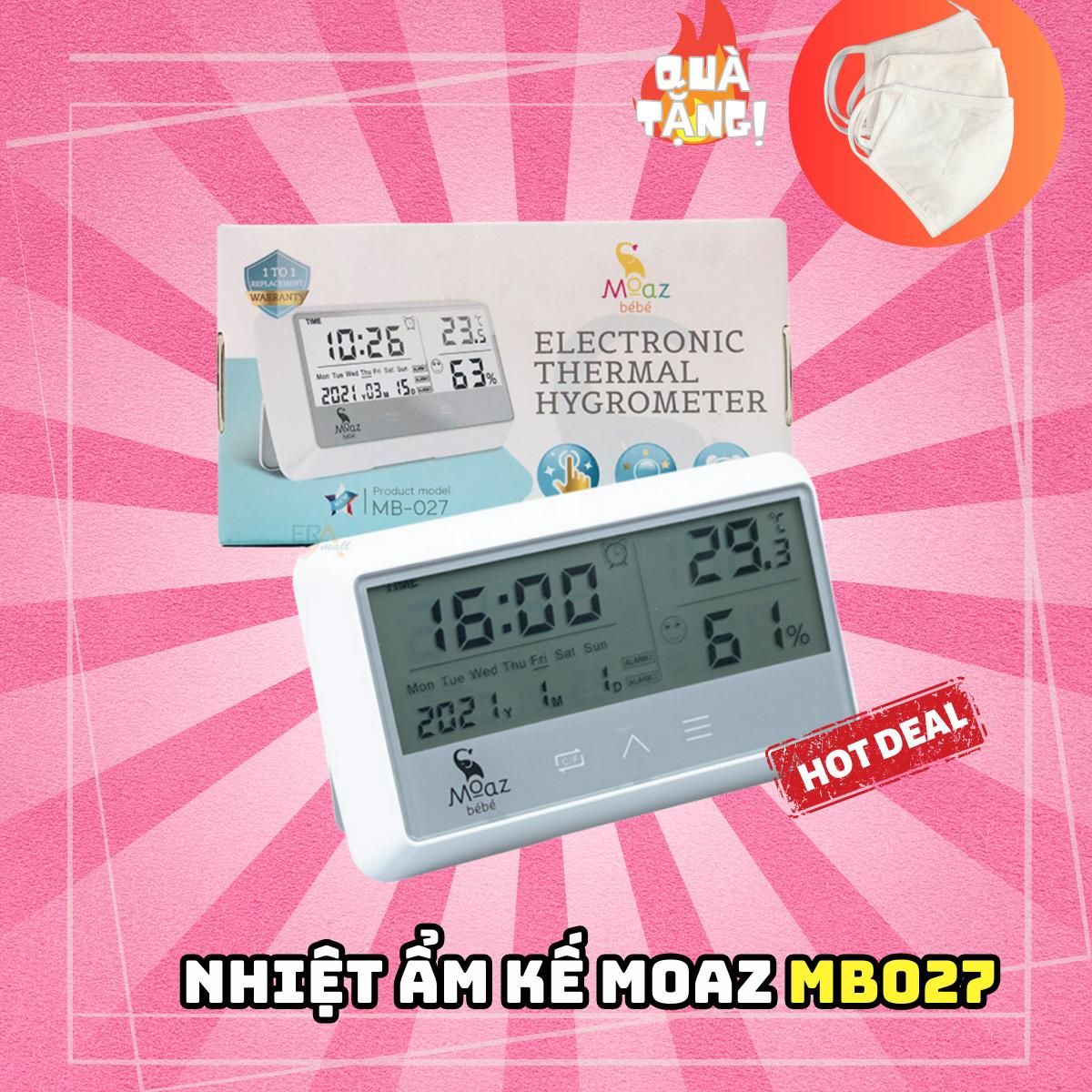  Nhiệt ẩm kế Moaz MB027, đo độ ẩm, nhiệt độ phòng, hiển thị ngày giờ -Bảo hành 1 năm lỗi 1 đổi 1 