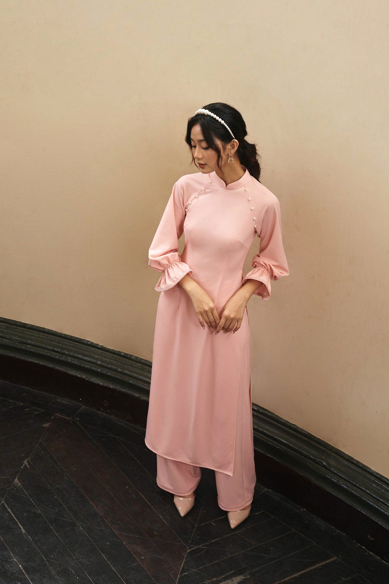 Áo dài tay lỡ lụa thun hồng
