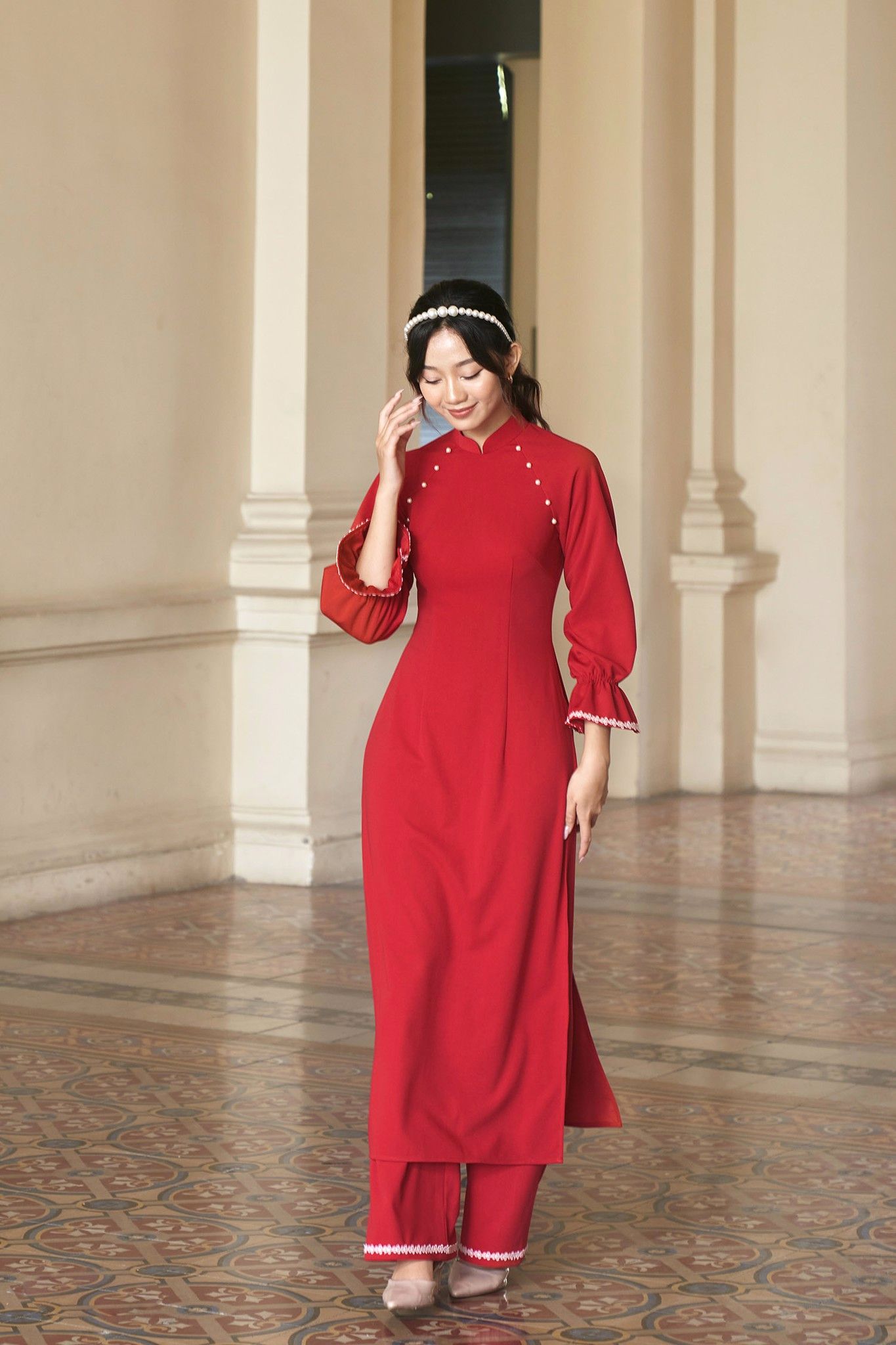 Áo dài tay lỡ lụa thun đỏ