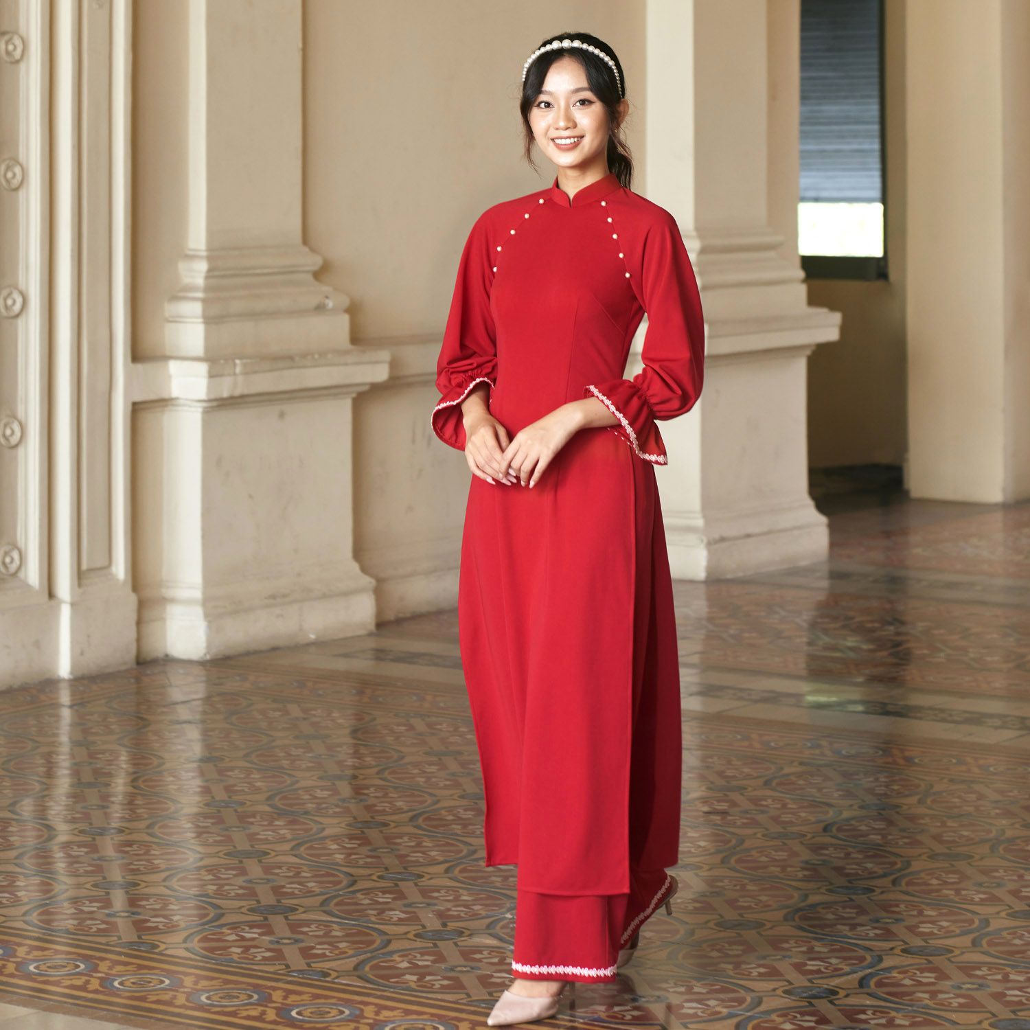 Áo dài tay lỡ lụa thun đỏ