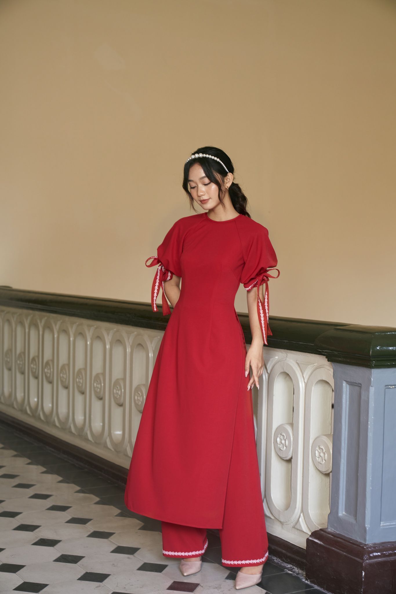 Áo dài tay phồng lụa thun đỏ