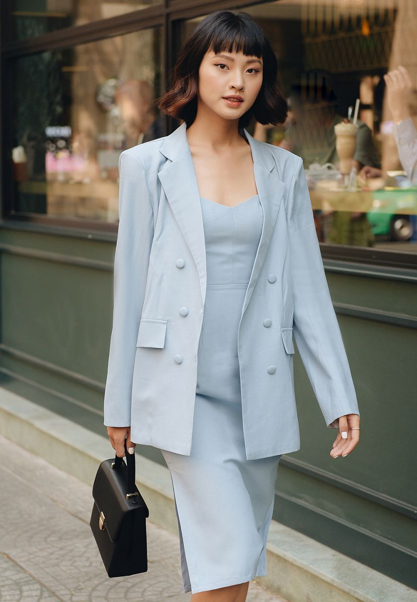 Áo blazer phom suông 6 nút cotton xanh 01BLA2381
