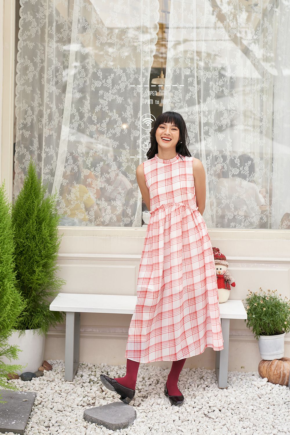 Đầm maxi cột nơ TS voan caro đỏ