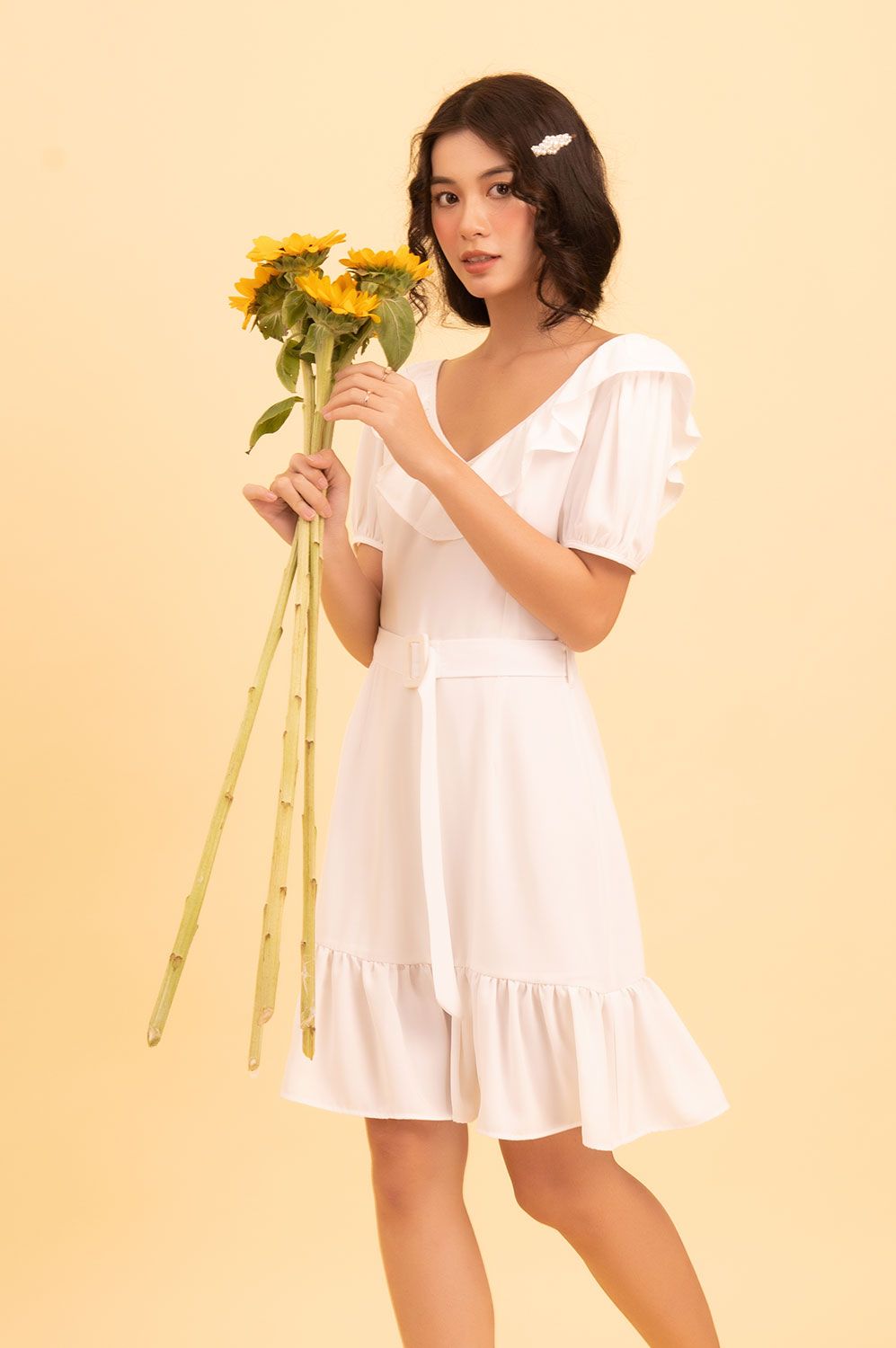 Đầm Cổ V Viền Bèo Trước Sau