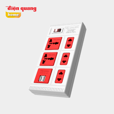 Ổ Cắm Điện Quang ECO ĐQ ESK 5ECO 2A ( 5 lỗ, 2 cổng USB 2.0A, màu trắng đỏ )