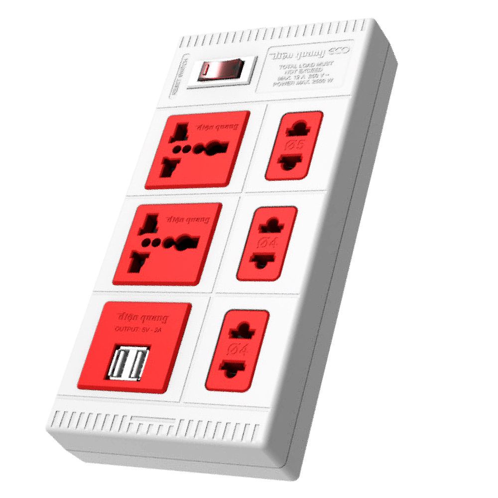 Ổ Cắm Điện Quang ECO ĐQ ESK 5ECO 2A ( 5 lỗ, 2 cổng USB 2.0A, màu trắng đỏ )