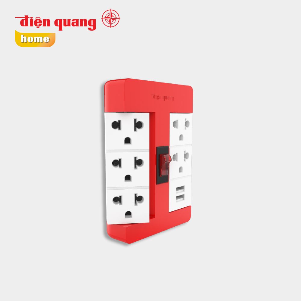 Ổ cắm Xoay 90° Điện Quang ĐQ ESK RT 53RW 2USB ( 5 lỗ 3 chấu, 2USB, màu đỏ trắng )