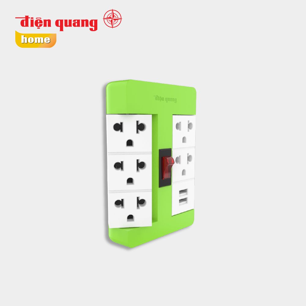 Ổ cắm Xoay 90° Điện Quang ĐQ ESK RT 53GW 2USB ( 5 lỗ 3 chấu, 2USB, màu xanh lá trắng )