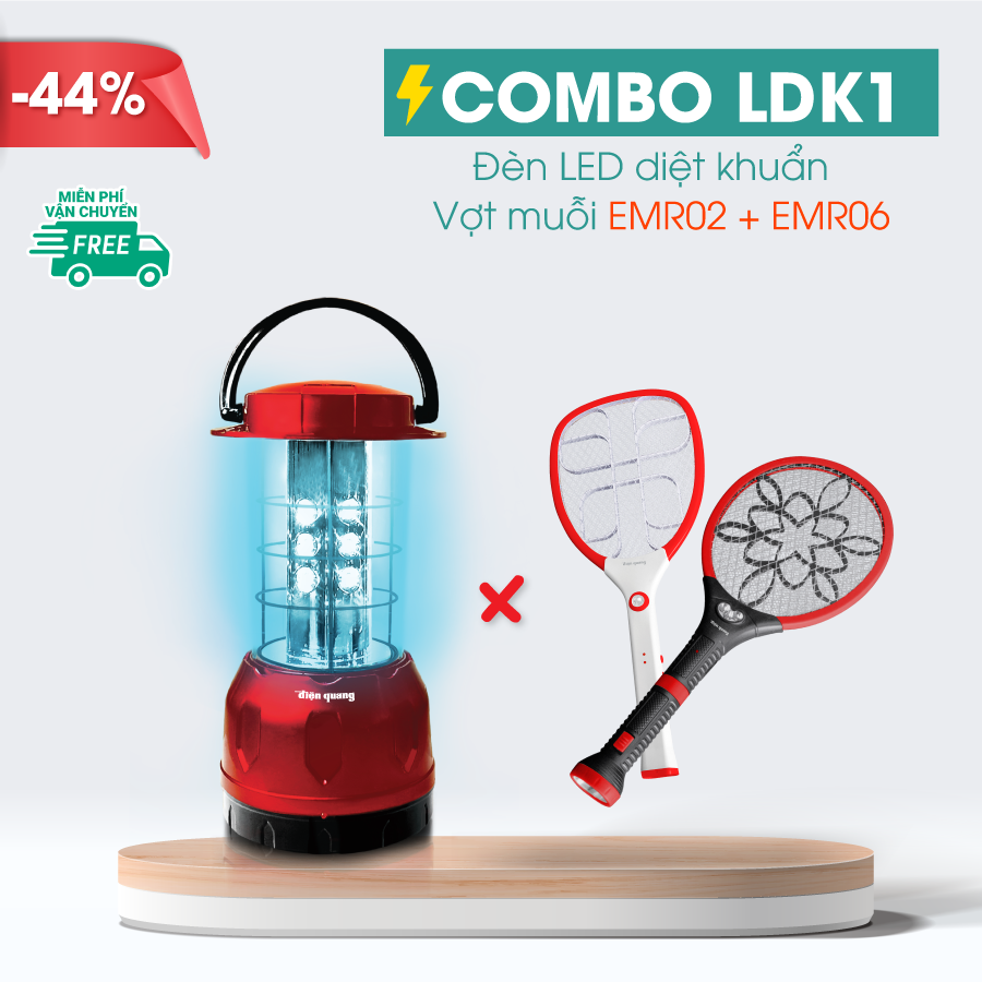 Combo Đèn Led diệt khuẩn Điện Quang PRL01 06UVC ( 6W, tia UVC, để bàn, an toàn, tiện lợi ) và 02 Vợt muỗi Điện Quang