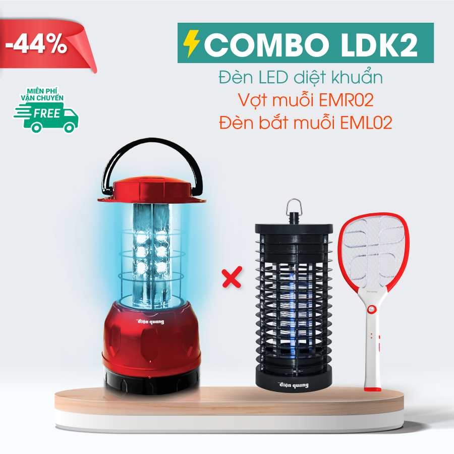 Combo Đèn Led diệt khuẩn Điện Quang PRL01 06UVC ( 6W, tia UVC, để bàn, an toàn, tiện lợi ) và Đèn bắt muỗi Điện Quang ĐQ EML02 BL, Vợt muỗi Điện Quang ĐQ EMR02 WR ( Trắng - đỏ )