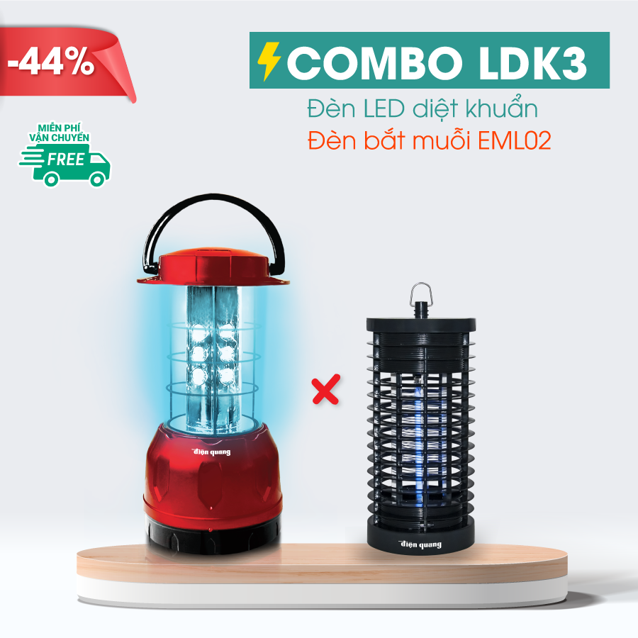Combo Đèn Led diệt khuẩn Điện Quang PRL01 06UVC ( 6W, tia UVC, để bàn, an toàn, tiện lợi ) và Đèn bắt muỗi Điện Quang ĐQ EML02 BL