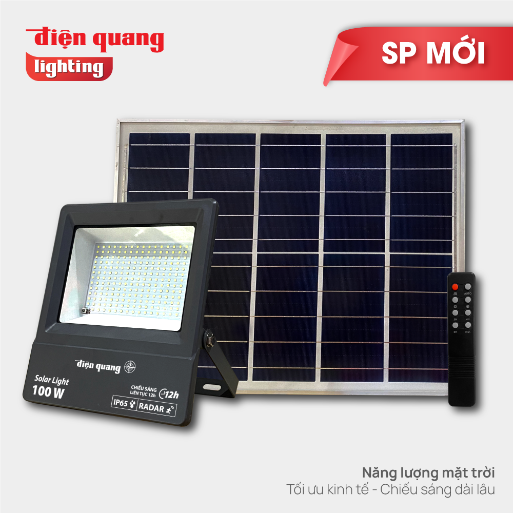 Bộ đèn LED pha năng lượng mặt trời Điện Quang Premium Ánh Sáng Trắng ĐQ LEDSL100 100 765 (100W, Solar, IP65,Ánh sáng trắng)
