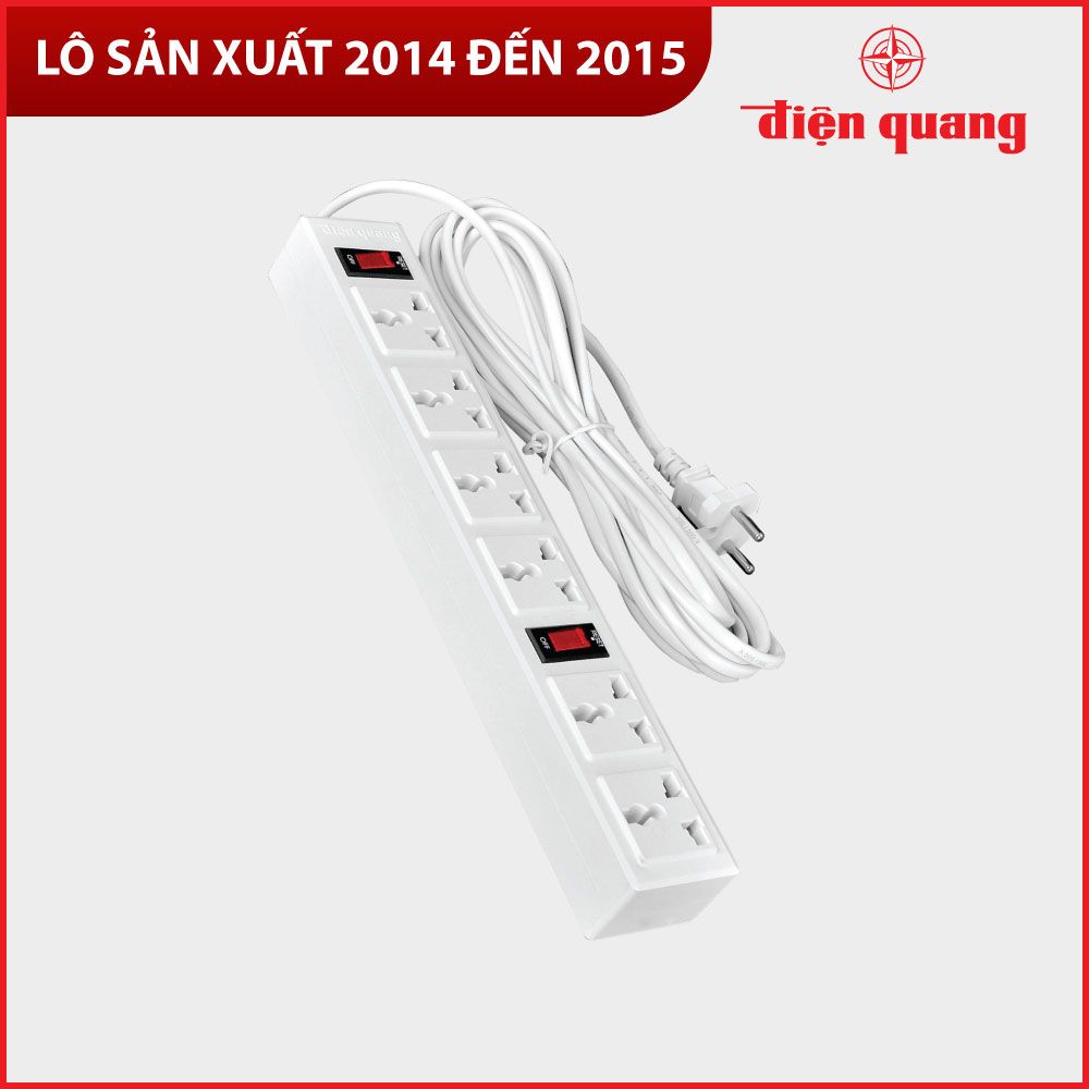 Ổ cắm Điện Quang ĐQ 003A-04-2M ( 6 lỗ 3 chấu dây 2 mét ) - Năm SX 2014, 2015 - Bảo hành 12 tháng