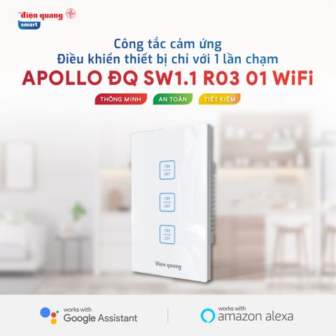 Công Tắc Cảm Ứng Apollo ĐQ SW1.1 R 03 01 WiFi ( Kiểu màu trắng, 3 nút, chữ nhật, 3 kênh điều khiển ON/OFF, WiFi )