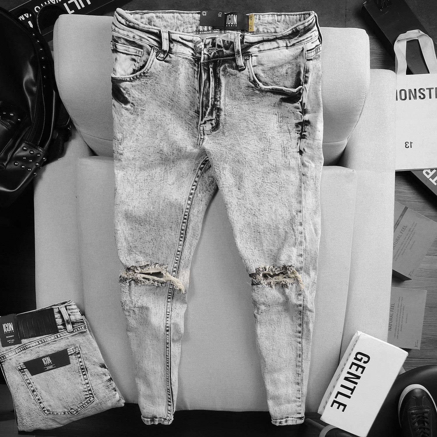 Quần Jean Icon Denim Grey Ripped Skinny