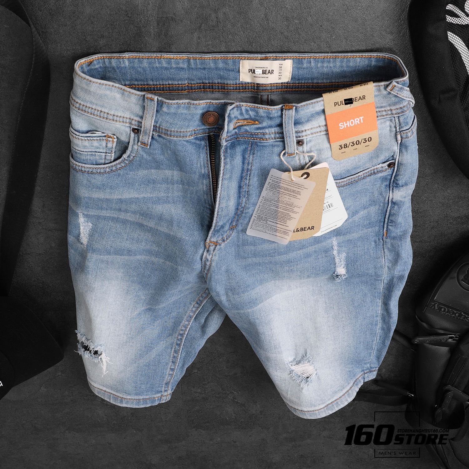 Quần short denim P.B wash rách