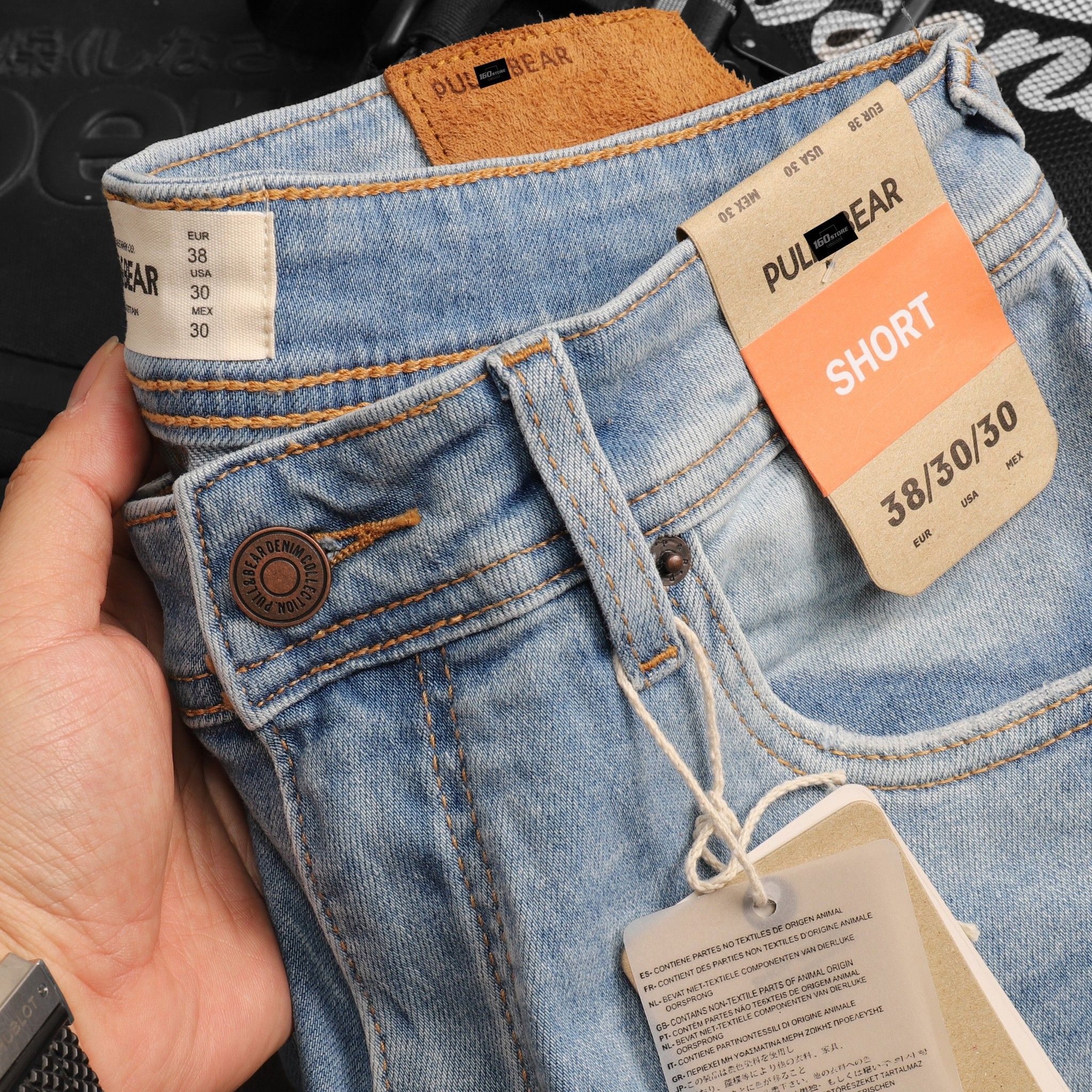 Quần short denim P.B wash rách